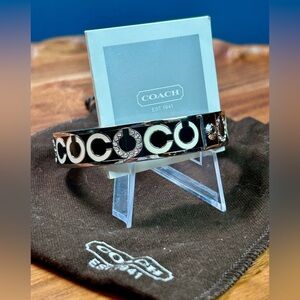 Coach Signature C Black White Crystal Silver Enameled Bangle Bracelet
